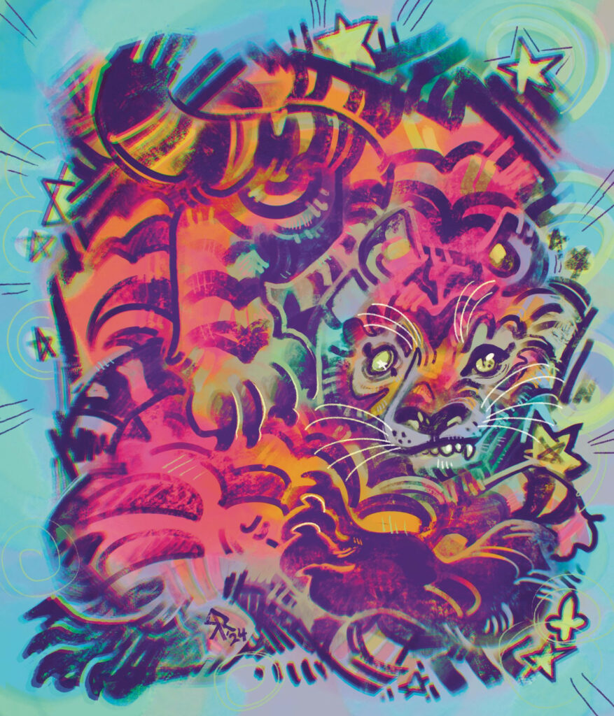 A rainbow mess of a tiger