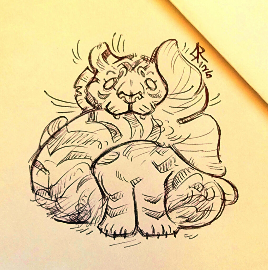 A tiger with a mermaid tail. They are holding the tail in their mouth. It's implied to be the tiger's tail, make this a "mer-tiger". But it's sort of ambiguous.