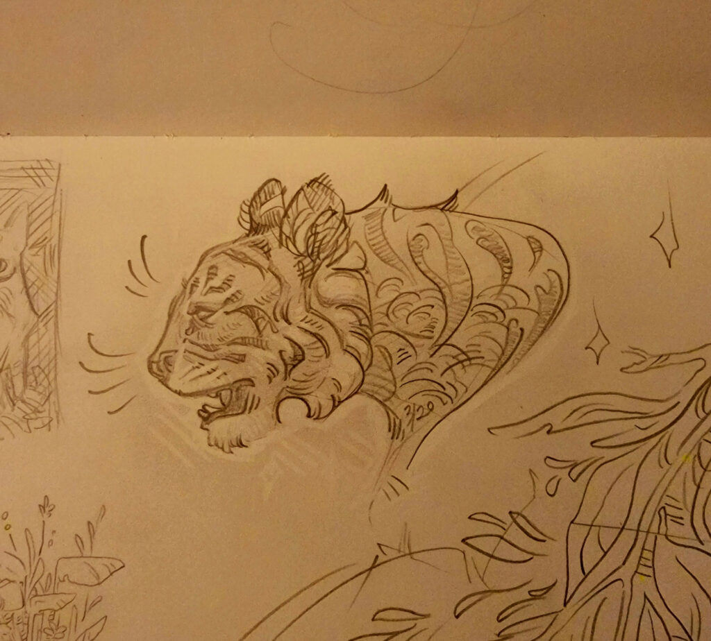 Disembodied head of a tiger in profile.